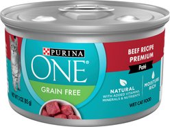 Purina ONE Beef Recipe Pate Grain-Free Natural High Protein Canned Cat Food, 3-oz, case of 24