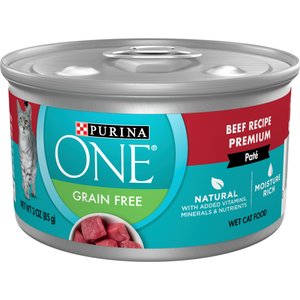 Purina ONE Beef Recipe Pate Grain-Free Natural High Protein Canned Cat Food, 3-oz, case of 24