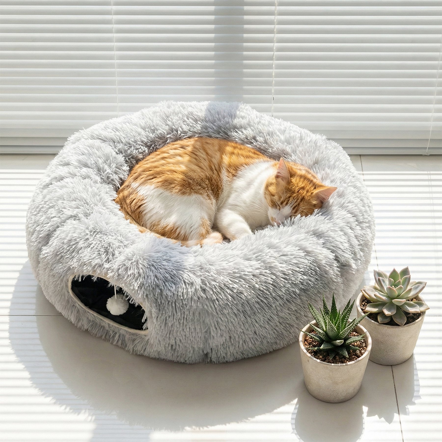 Happy & Polly Orthopedic Bolster Cat Bed with Circle Tunnel, Grey
