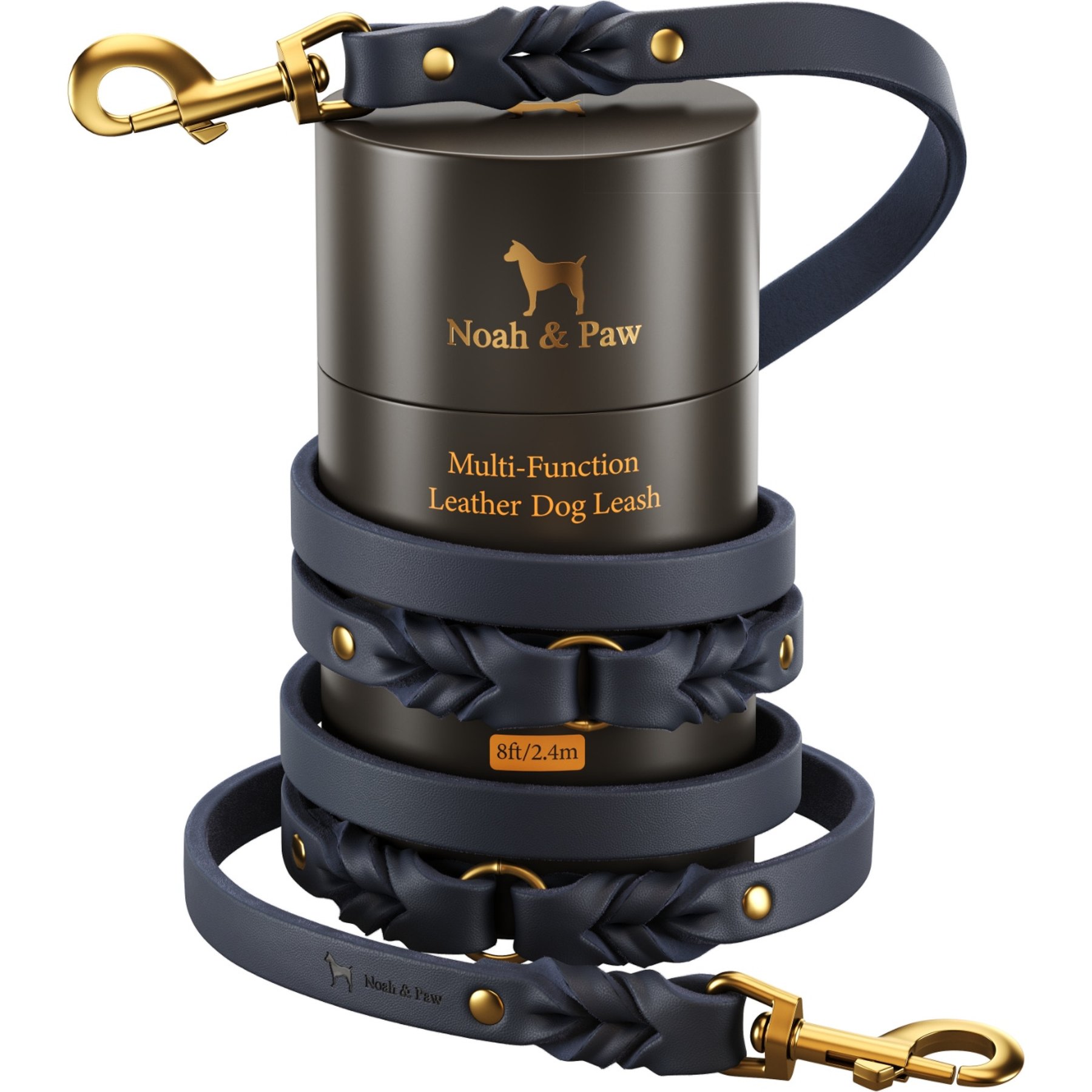 Noah & Paw Genuine Leather Hands-Free Double Dog Leash, Dark Blue, 8-ft long, 1 1/2-in wide
