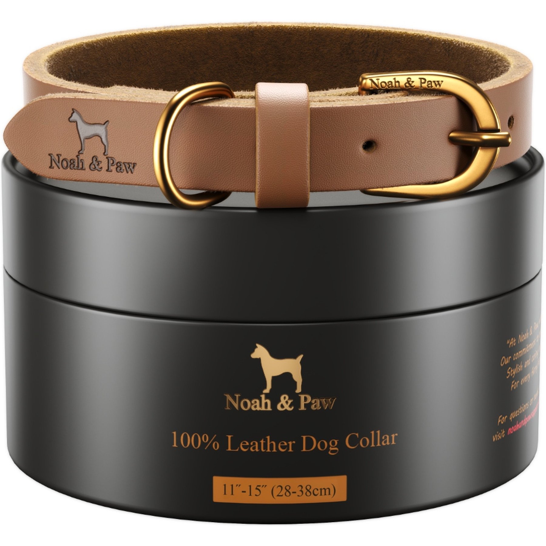 Noah & Paw Genuine Leather Dog Collar, Camel, 11 to 15-in neck, 1/2-in wide
