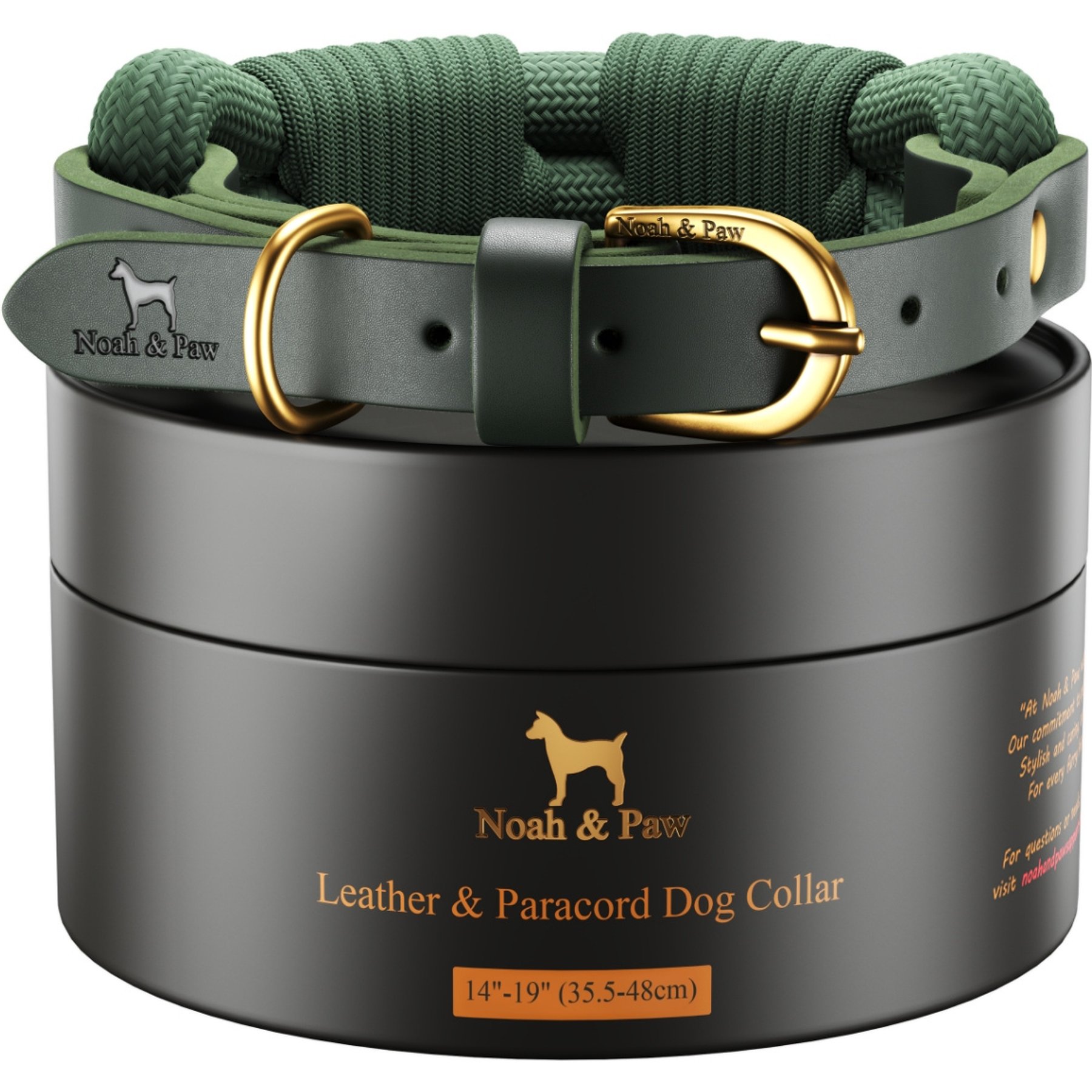 Noah & Paw Genuine Leather & Paracord Dog Collar, Dark Green, 14 to 19-in neck, 1/2-in wide