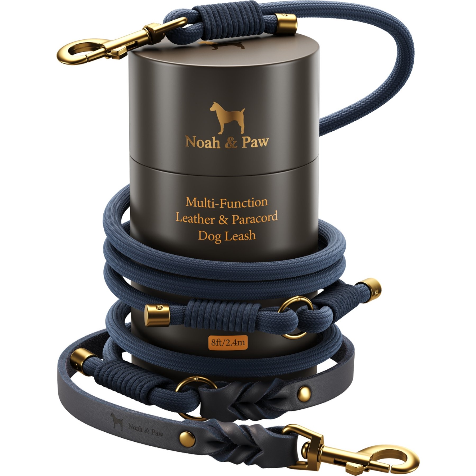 Noah & Paw Genuine Leather Hands-Free Dog Leash, Dark Blue, 8-ft long, 1 1/2-in wide