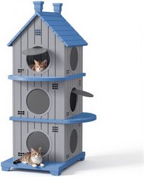 Bencmate 3 Story Indoor Cozy Cottage Style Cat House, Blue