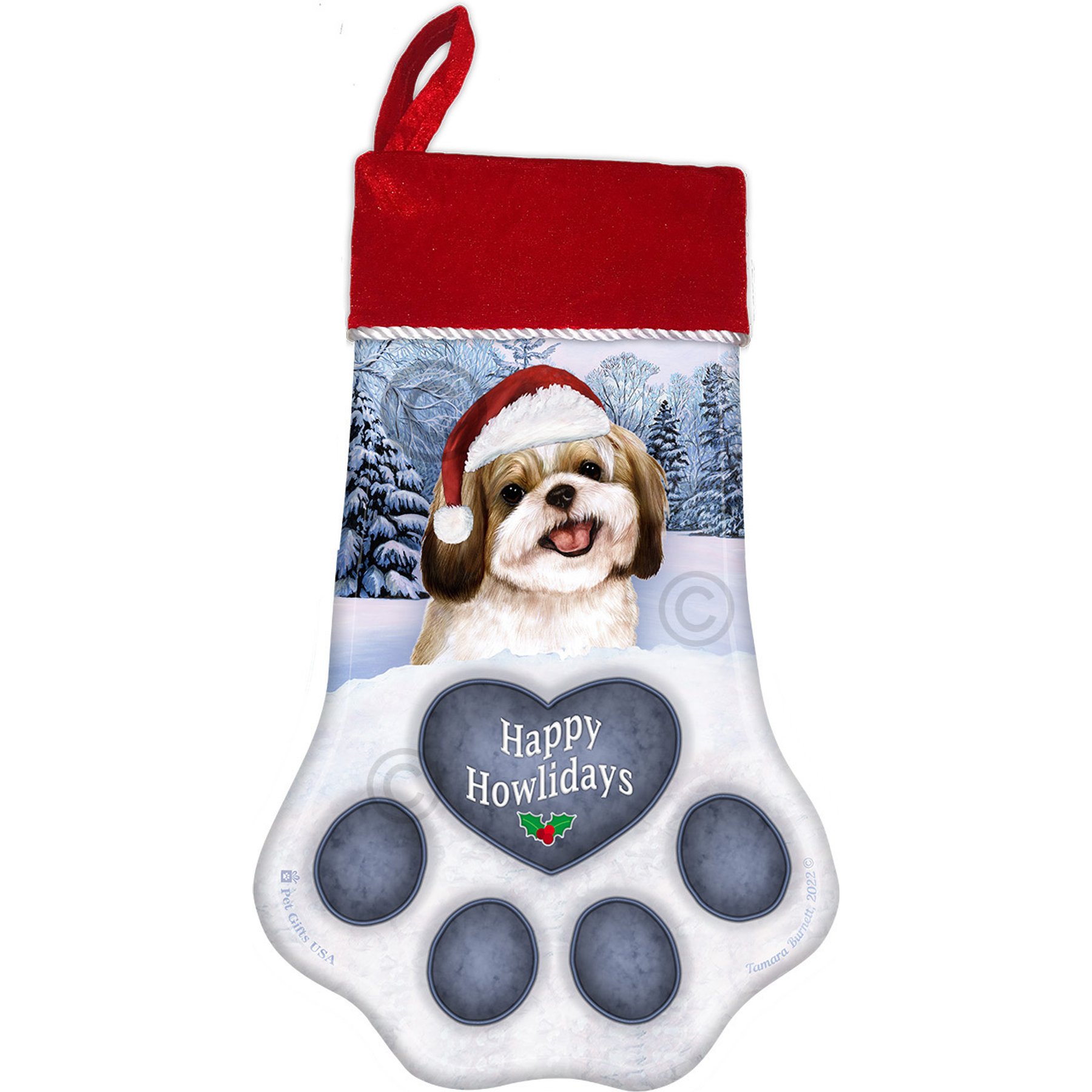Pet Gifts USA Shih Tzu Gold & White Christmas Stocking, 17 x 10.5-in
