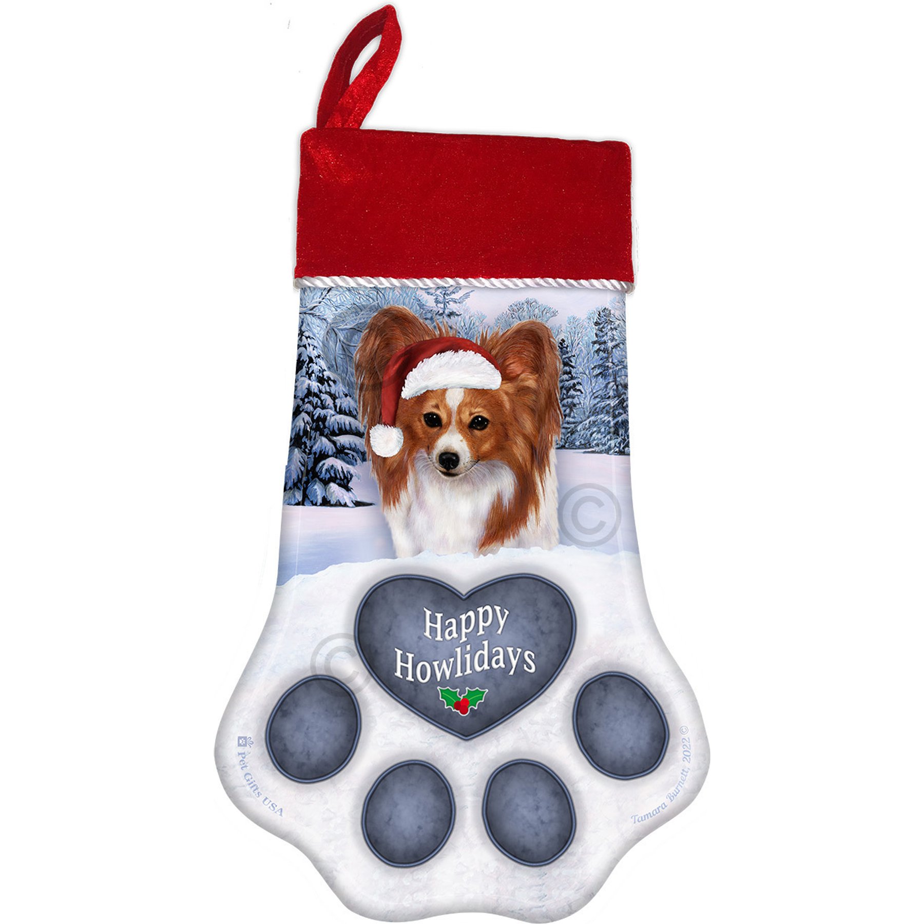 Pet Gifts USA Red & White Papillon Christmas Stocking, 17 x 10.5-in