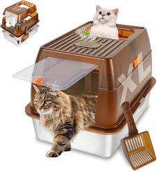 Bartuke Enclosed Stainless Steel High Sided Covered Cat Litter Box with Lid, 23.6"L x 15.8"W x 15.8"H, Amber