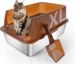Bartuke Semi-Enclosed Stainless Steel Covered Cat Litter Box, 23.6 x 15.8 x 12-in, Amber