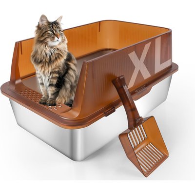 Bartuke Bartuke Semi-Enclosed Stainless Steel Covered Cat Litter Box, 23.6 x 15.8 x 12-in, Amber