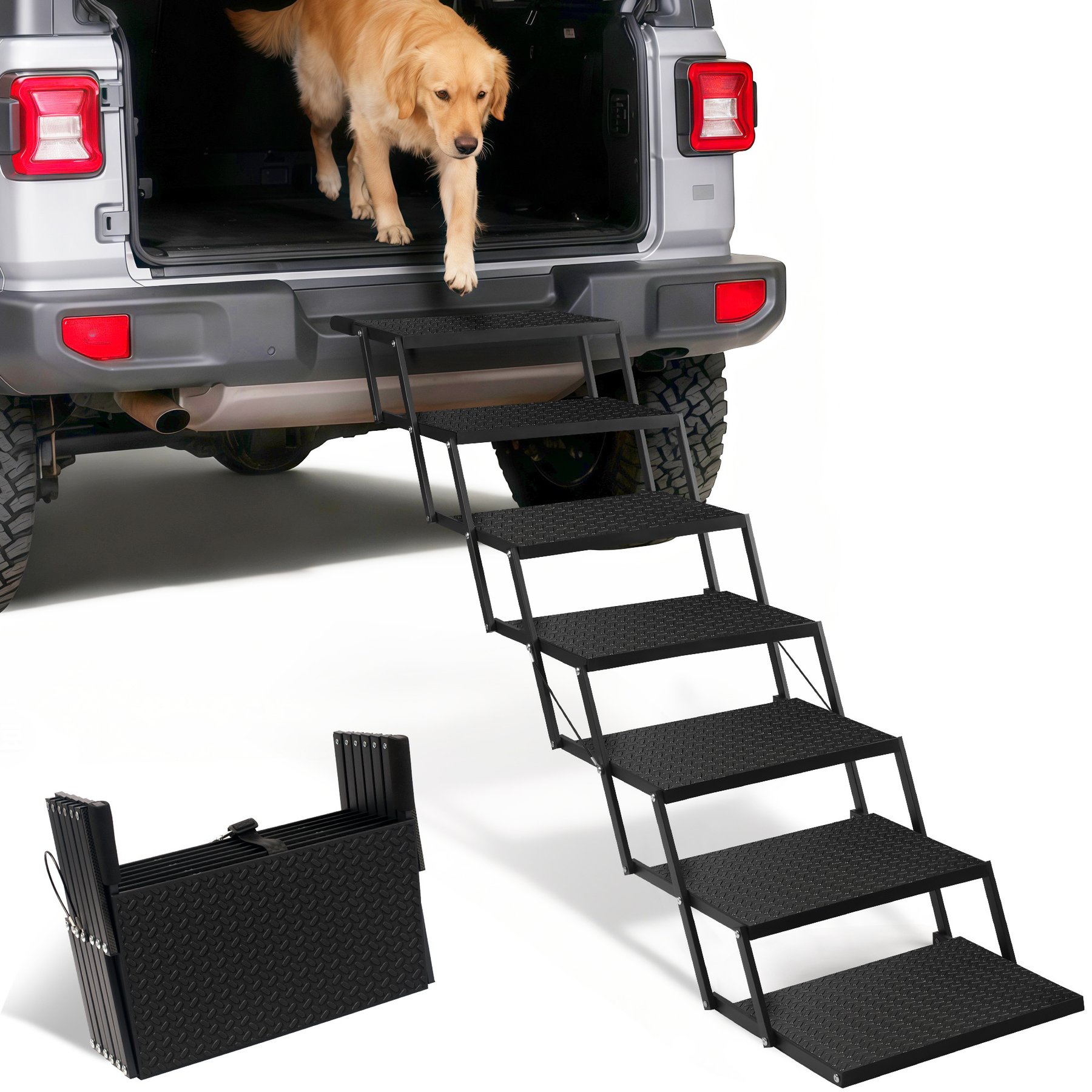 Niubya 7-Step Foldable Adjustable Height Dog Car Ramp, Black, 37.5-in