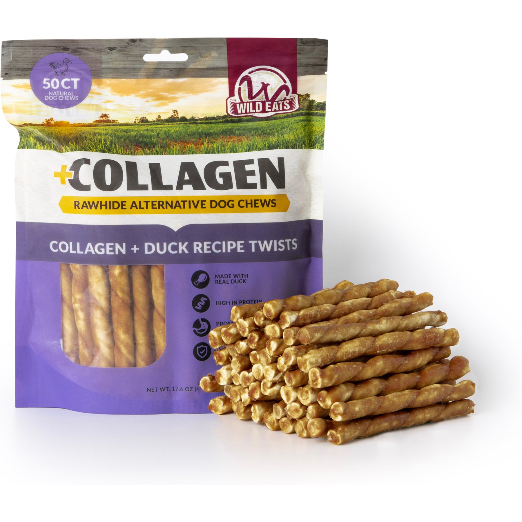 Wild Eats Value Pack 1-inch Duck Flavor Collagen Twist Style Cheek Rolls Hard Dog Chews, 50 count