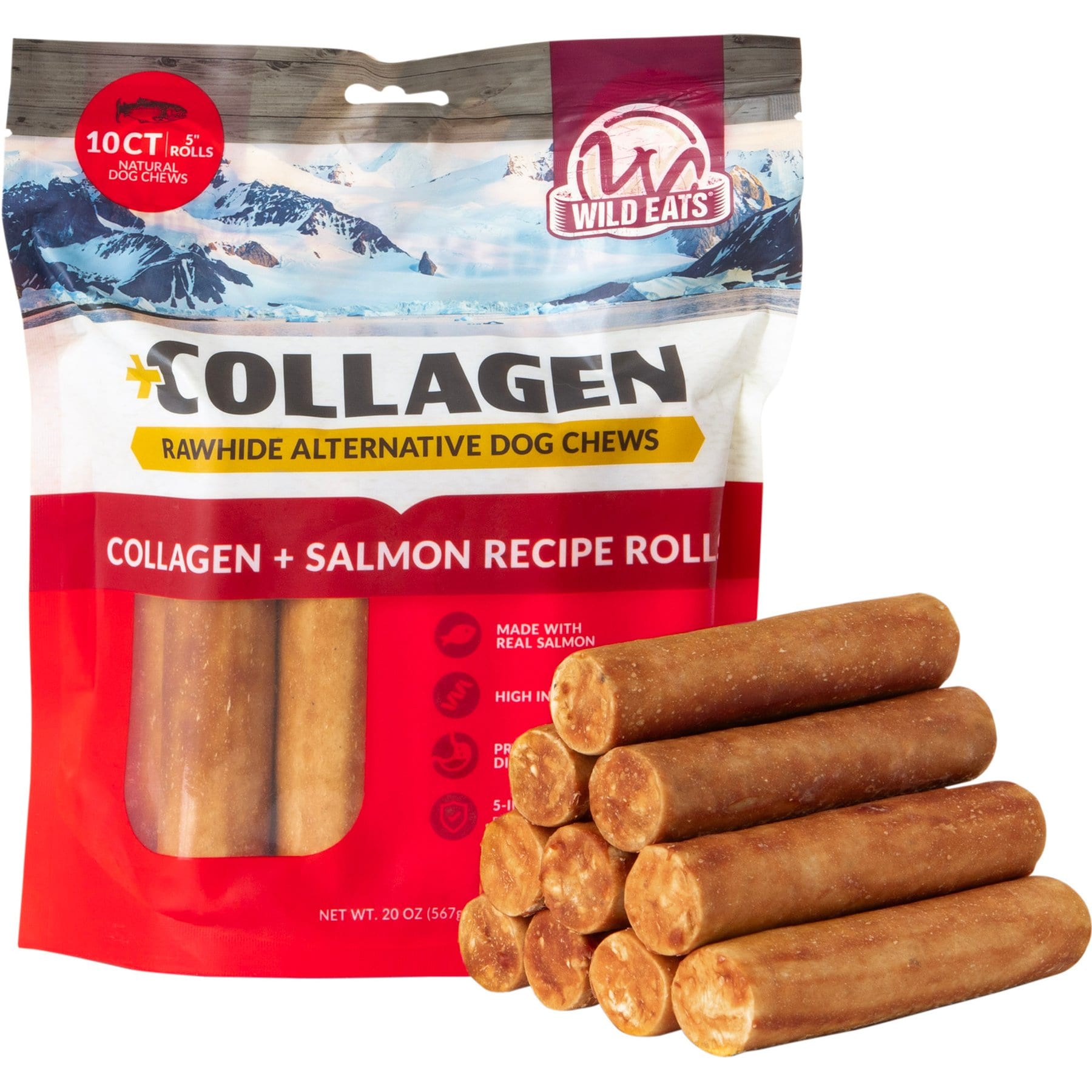 Wild Eats 5-inch Salmon Flavor Collagen Retriever Style Cheek Rolls Hard Dog Chews, 10 count