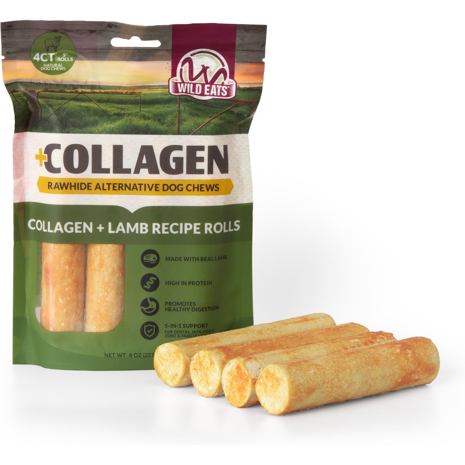 Wild Eats 5-inch Lamb Flavor Collagen Retriever Style Cheek Rolls Hard Dog Chews, 4 count