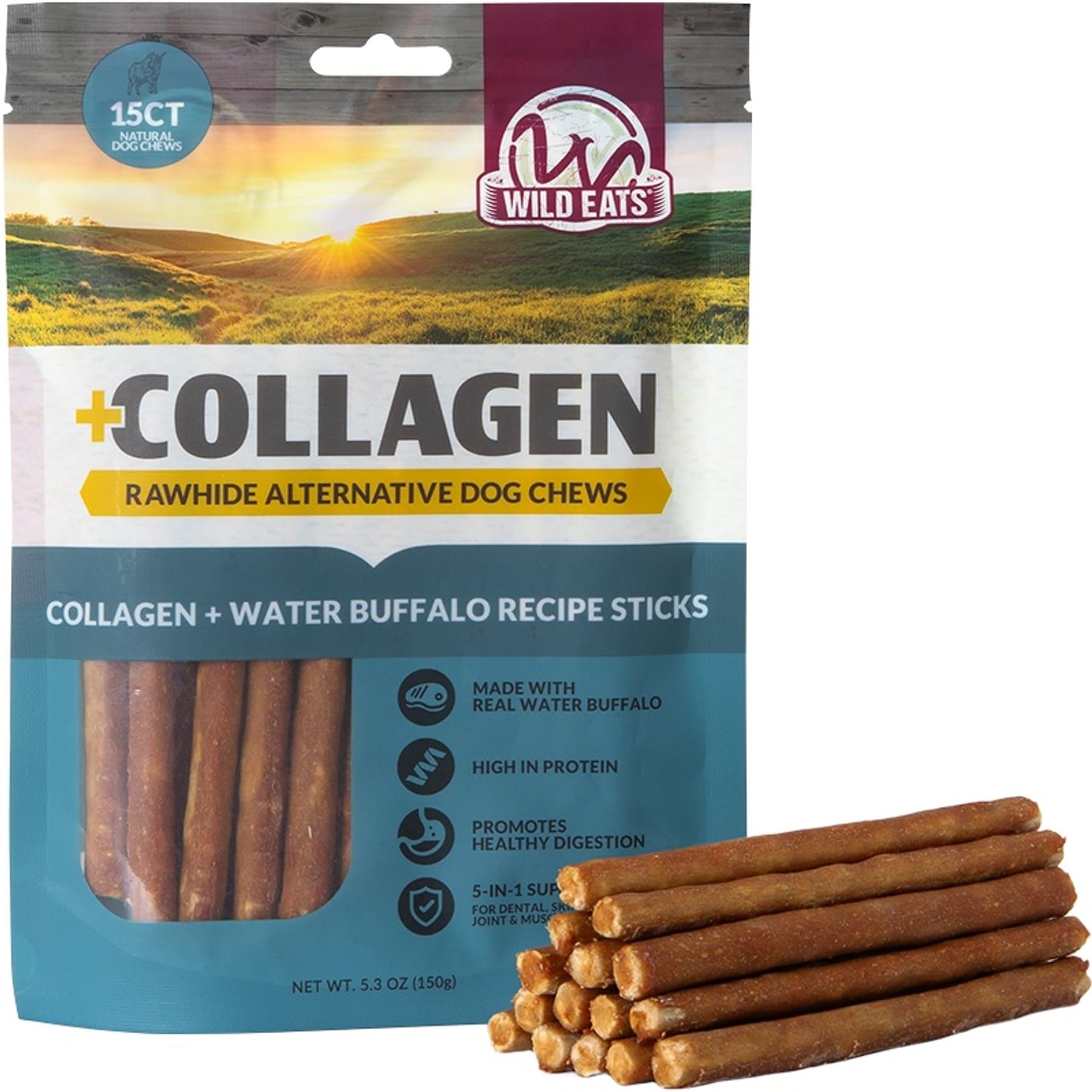 Wild Eats 0.4-inch Water Buffalo Collagen Sticks Natural Dog Chew, 15 count