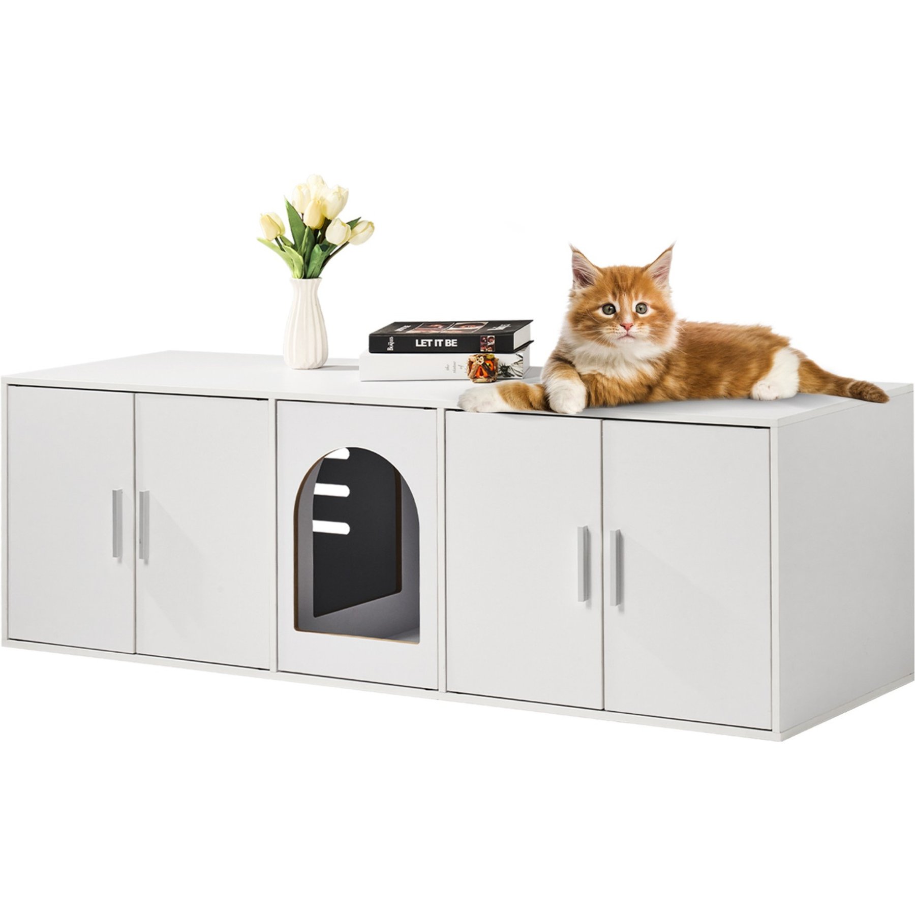 Bencmate Multi Functional Wooden Cat Litter Box Enclosure Furniture, White