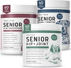 Chew + Heal 12-In-1 Ultimate Vision + Cognition Multivitamin & Hip + Joint Chicken Flavored Chews Vision Supplement for Senior Dogs, 180 count
