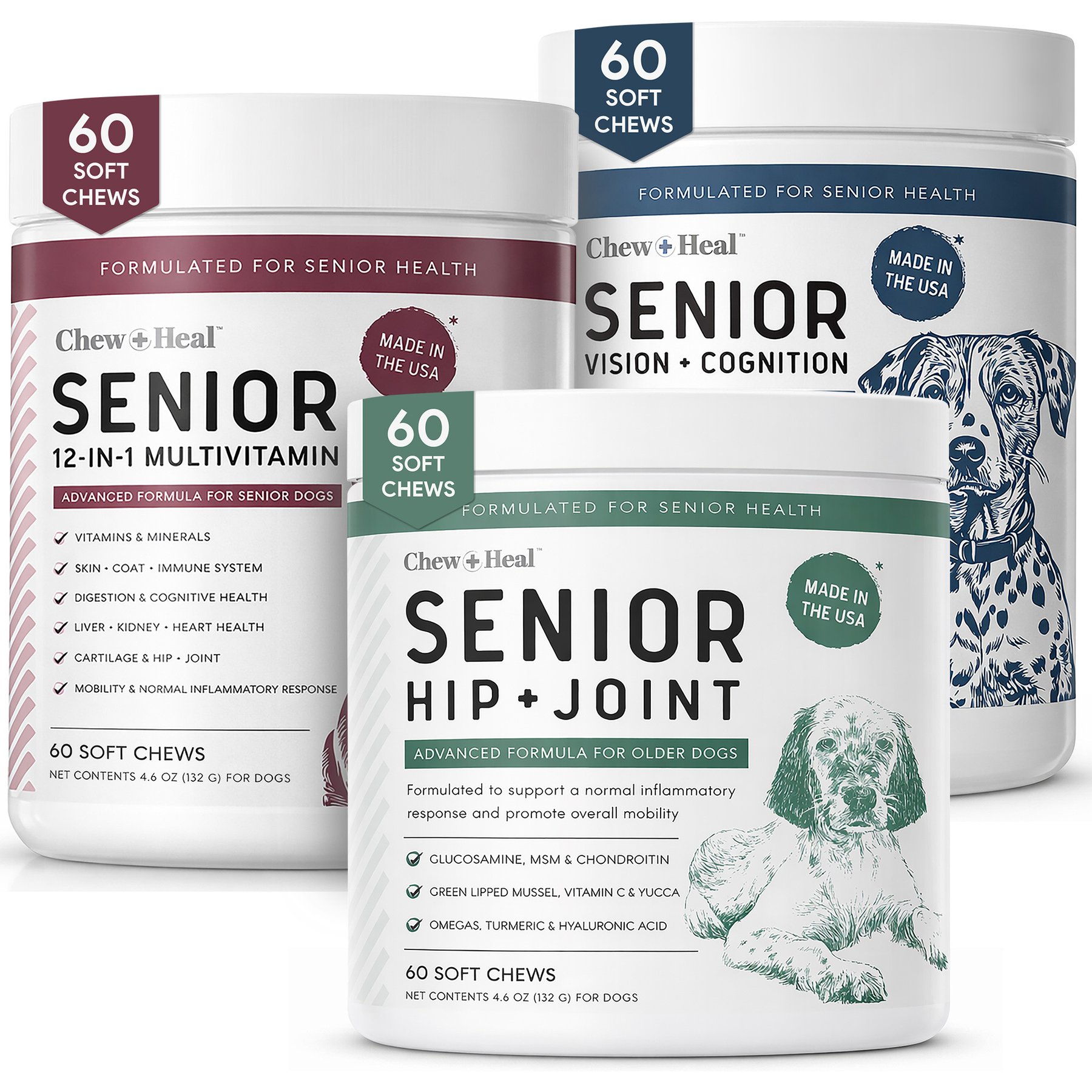 Chew + Heal 12-In-1 Ultimate Vision + Cognition Multivitamin & Hip + Joint Chicken Flavored Chews Vision Supplement for Senior Dogs, 180 count