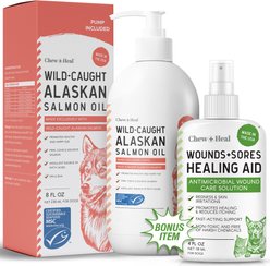 Chew + Heal MSC-Certified Pure Itch & Redness Remedy Wild Alaskan Salmon Flavored Liquid Skin & Coat Supplement for Dogs & Cats with Bonus Wounds + Sores Spray & Pump, 8-fl oz & 4-fl oz bottle