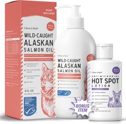 Chew + Heal MSC-Certified Pure Itch & Redness Remedy Wild Alaskan Salmon Flavored Liquid Skin & Coat Supplement for Dogs & Cats with Bonus Antibacterial Hot Spot Lotion & Pump, 8-fl oz & 2-fl oz bottle