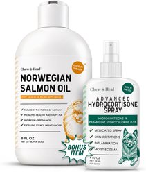 Chew + Heal Norwegian Itch & Redness Remedy Salmon Oil Flavored Liquid Skin & Coat Supplement for Dogs & Cats with Bonus Advanced Hydrocortisone Spray, 8-fl oz & 4-fl oz bottle