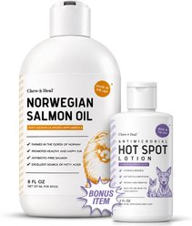 Chew + Heal Norwegian Itch & Redness Remedy Salmon Oil Flavored Liquid Skin & Coat Supplement for Dogs & Cats with Bonus Antibacterial Hot Spot Lotion, 8-fl oz & 2-fl oz bottle