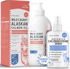 Chew + Heal MSC-Certified Pure Itch & Redness Remedy Wild Alaskan Salmon Flavored Liquid Skin & Coat Supplement for Dogs & Cats with Bonus Advanced Chlorhexidine Spray & Pump, 8-fl oz & 4-fl oz bottle
