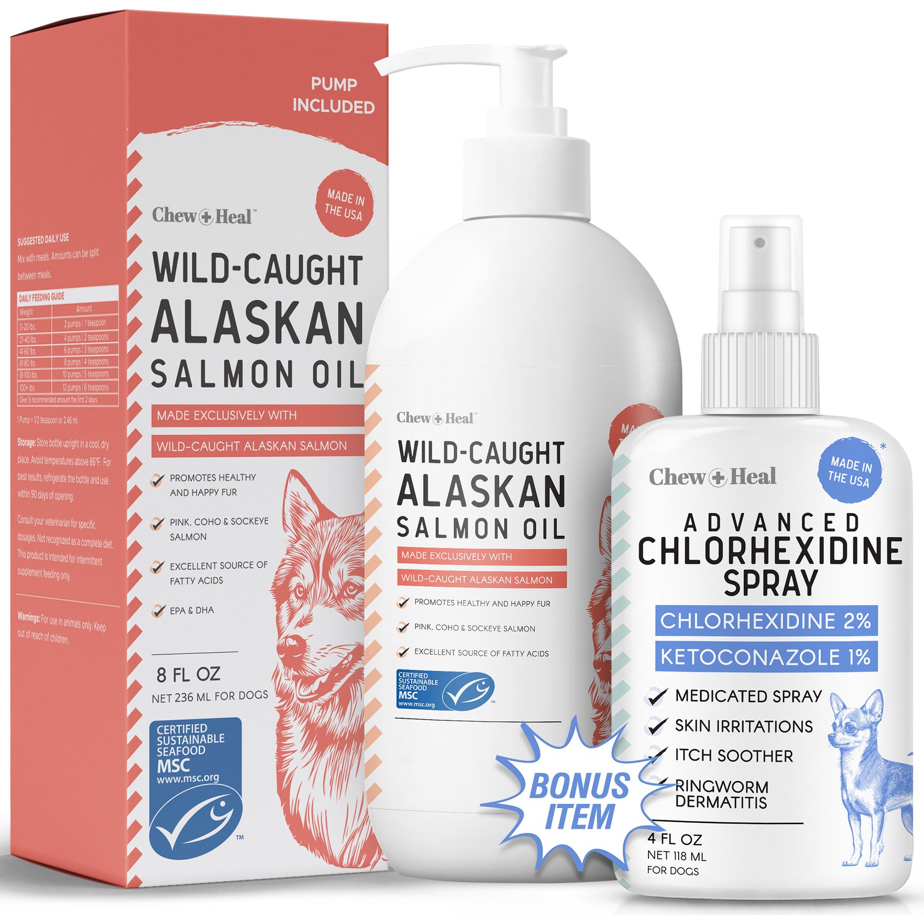 Chew + Heal MSC-Certified Pure Itch & Redness Remedy Wild Alaskan Salmon Flavored Liquid Skin & Coat Supplement for Dogs & Cats with Bonus Advanced Chlorhexidine Spray & Pump, 8-fl oz & 4-fl oz bottle