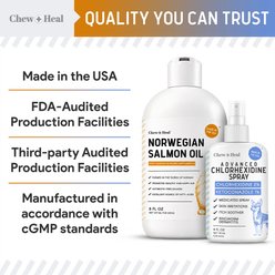 Chew + Heal Norwegian Itch & Redness Remedy Salmon Oil Flavored Liquid Skin & Coat Supplement for Dogs & Cats with Bonus Advanced Chlorhexidine Spray, 8-fl oz & 4-fl oz bottle slide 2 of 9
