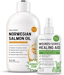 Chew + Heal Norwegian Itch & Redness Remedy Salmon Oil Flavored Liquid Skin & Coat Supplement for Dogs & Cats with Bonus Wounds & Sores Spray, 8-fl oz & 4-fl oz bottle