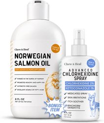Chew + Heal Norwegian Itch & Redness Remedy Salmon Oil Flavored Liquid Skin & Coat Supplement for Dogs & Cats with Bonus Advanced Chlorhexidine Spray, 8-fl oz & 4-fl oz bottle