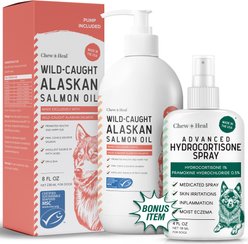 Chew + Heal MSC-Certified Pure Itch & Redness Remedy Wild Alaskan Salmon Flavored Liquid Skin & Coat Supplement for Dogs & Cats with Bonus Advanced Hydrocortisone Spray & Pump, 8-fl oz & 4-fl oz bottle