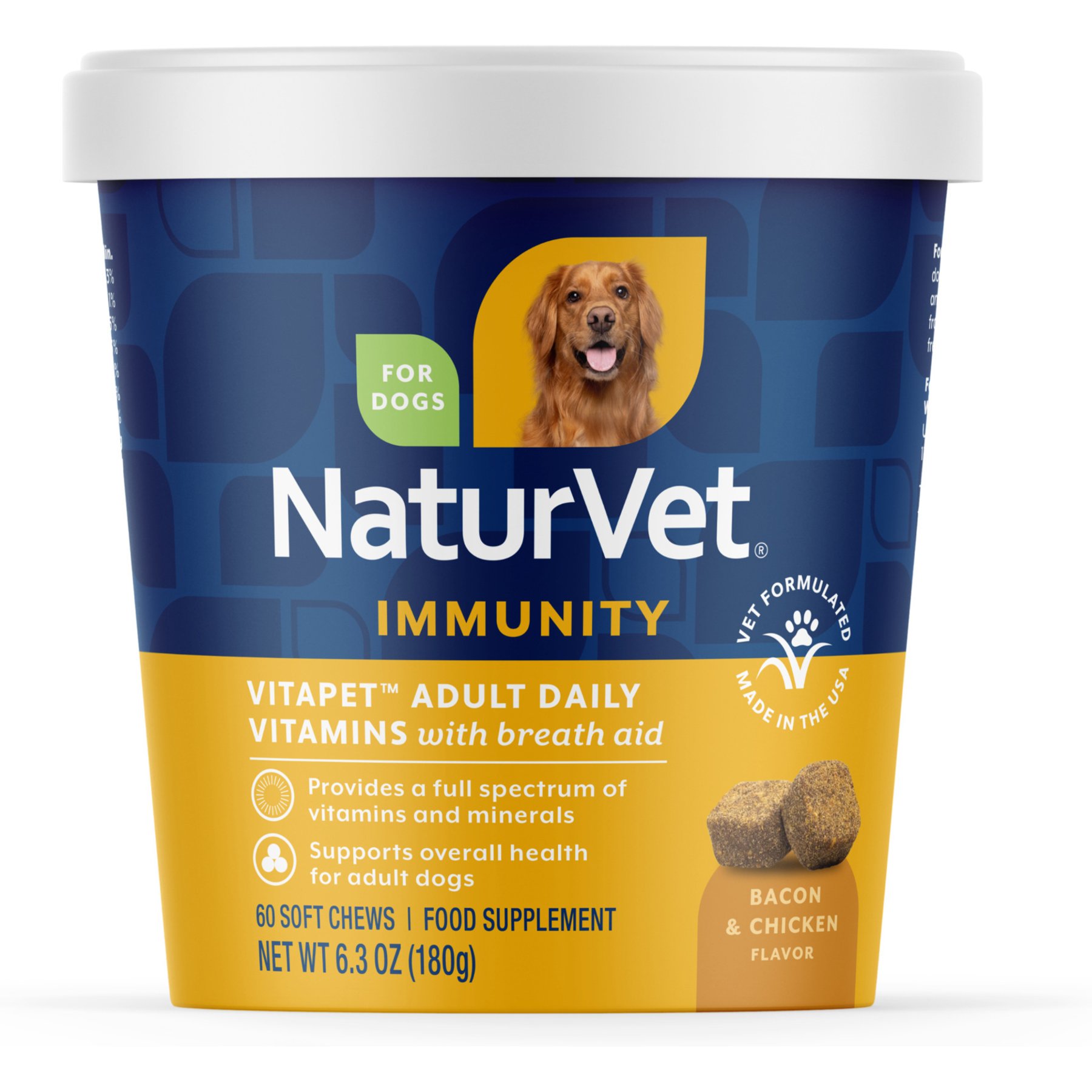 NaturVet VitaPet Adult Daily Vitamin Immunity Bacon & Chicken Flavored Supplement for Dogs, 60 count
