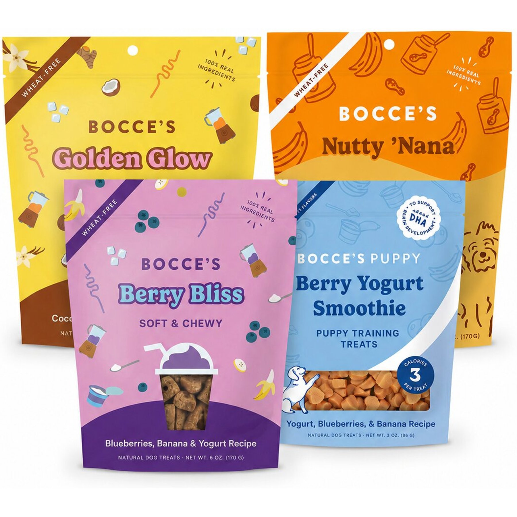 Bocce's Bakery Smoothie Recipe All-Natural Wheat-Free Variety Pack Soft & Chewy Dog Treats, 4 count bundle