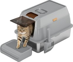 Decflow Stainless Steel Enclosed Cat Litter Box with Anti-Tracking Step, Convertible Front-Entry Cat Toilet with Scoop, Large, Grey