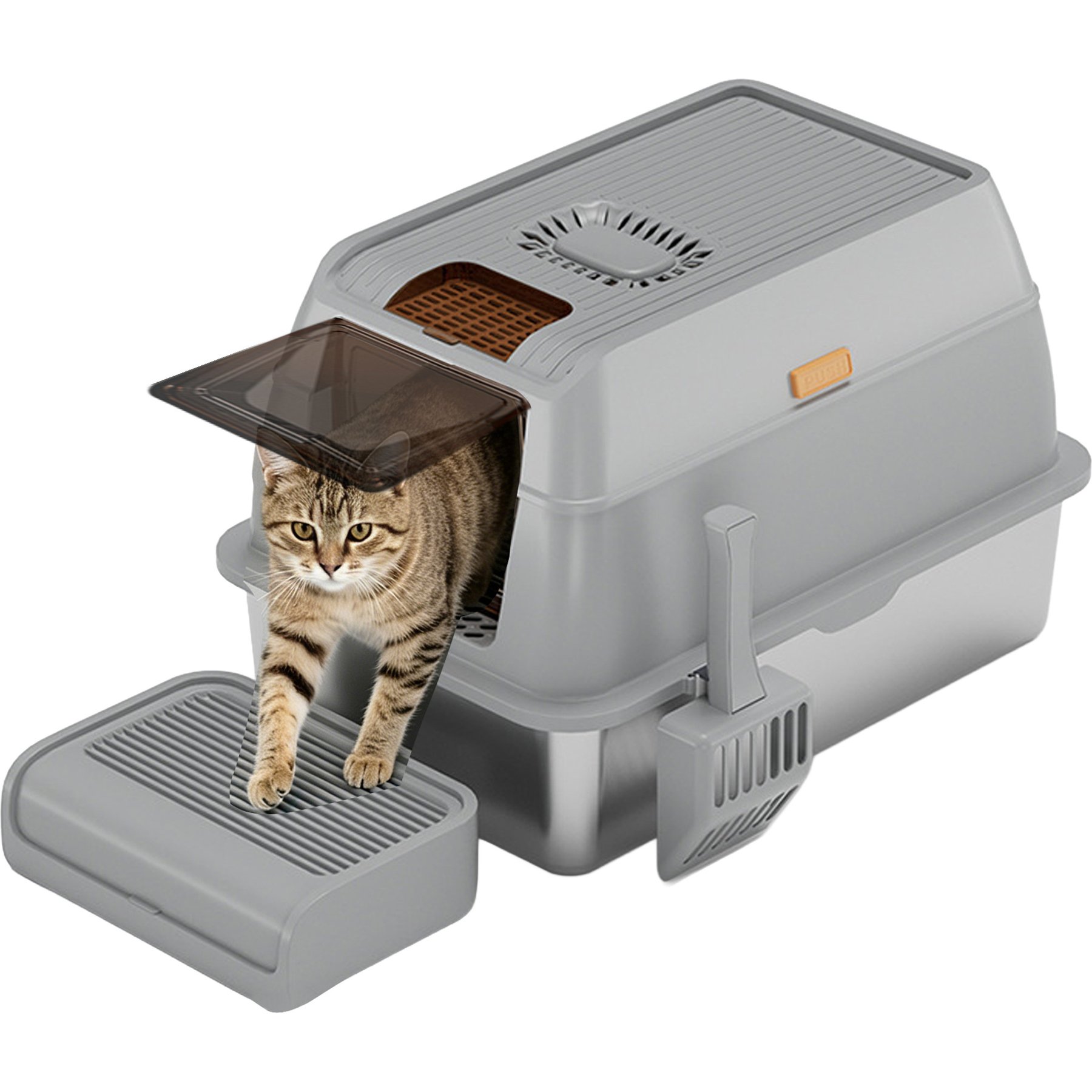 Decflow Stainless Steel Enclosed Cat Litter Box with Anti-Tracking Step, Convertible Front-Entry Cat Toilet with Scoop, Large, Grey