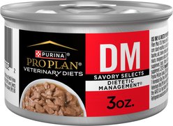 Purina Pro Plan Veterinary Diets DM Dietetic Management Savory Selects Feline Formula Wet Cat Food, 3-oz can, case of 24