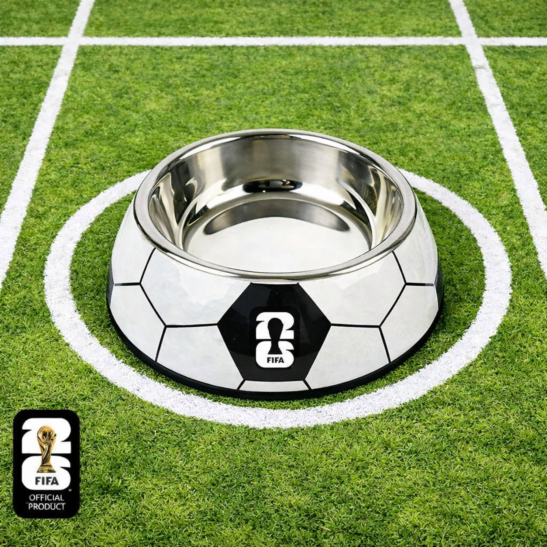 FIFA Soccer Non-Skid Stainless Steel Dog Bowl, Black/White, 160-mL