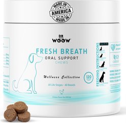 Dr Woow Turkey Tail Mushroom & Kelp Chicken Fresh Breath Dental Dog Oral Support Chews, 9-oz jar, 120 count