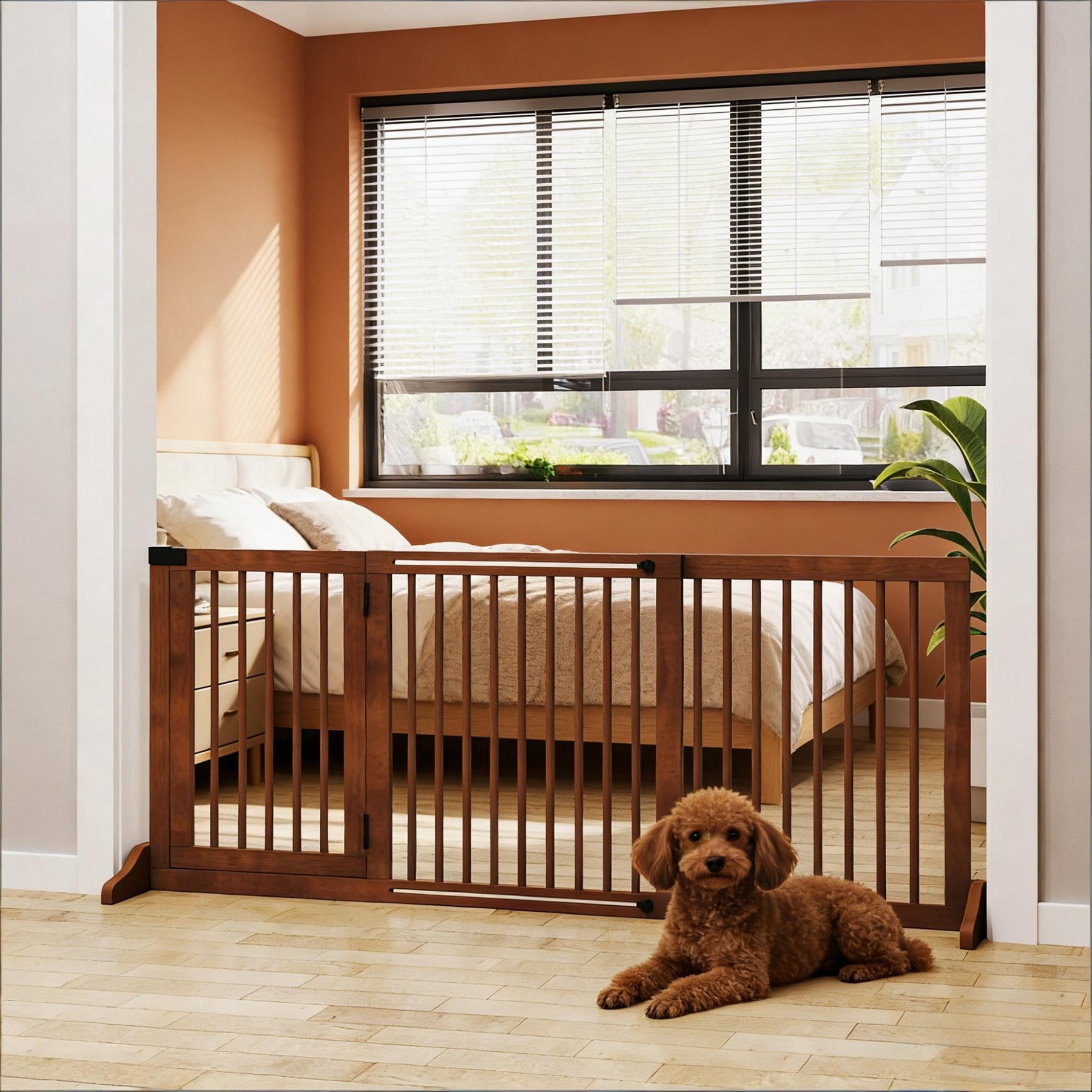 Bencmate Freestanding Wooden Adjustable Dog Gate, Brown