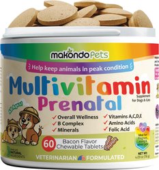 Makondo Pets Vitamins & Minerals, Reproduction & Nursing, Immune Support, Senior Care & Brain Health Bacon Flavored Chewable Tablet Supplement for Dogs & Cats, 60 count