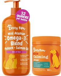 Zesty Paws Wild Alaskan Salmon Oil Formula Liquid Skin & Coat Supplement, 32-oz bottle + Hemp Calming Bites Peanut Butter Flavored Soft Chews Composure & Relaxation Supplement for Dogs, 90 count