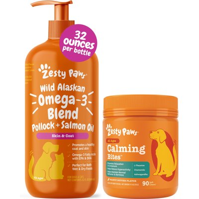 Zesty Paws Zesty Paws Wild Alaskan Salmon Oil Formula Liquid Skin & Coat Supplement, 32-oz bottle + Hemp Calming Bites Peanut Butter Flavored Soft Chews Composure & Relaxation Supplement for Dogs, 90 count