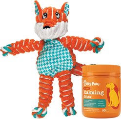 Zesty Paws Calming Bites Peanut Butter Flavored Soft Chews Supplement, 90 count + KONG Floppy Knots Dog Toy, Fox, Medium/Large