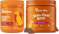 Zesty Paws Omega Bites Skin & Coat Health Chicken Flavor Soft Chew Supplement + Cranberry Bladder Bites Urinary Tract Support Chicken Flavor Chews for Dogs slide 1 of 9