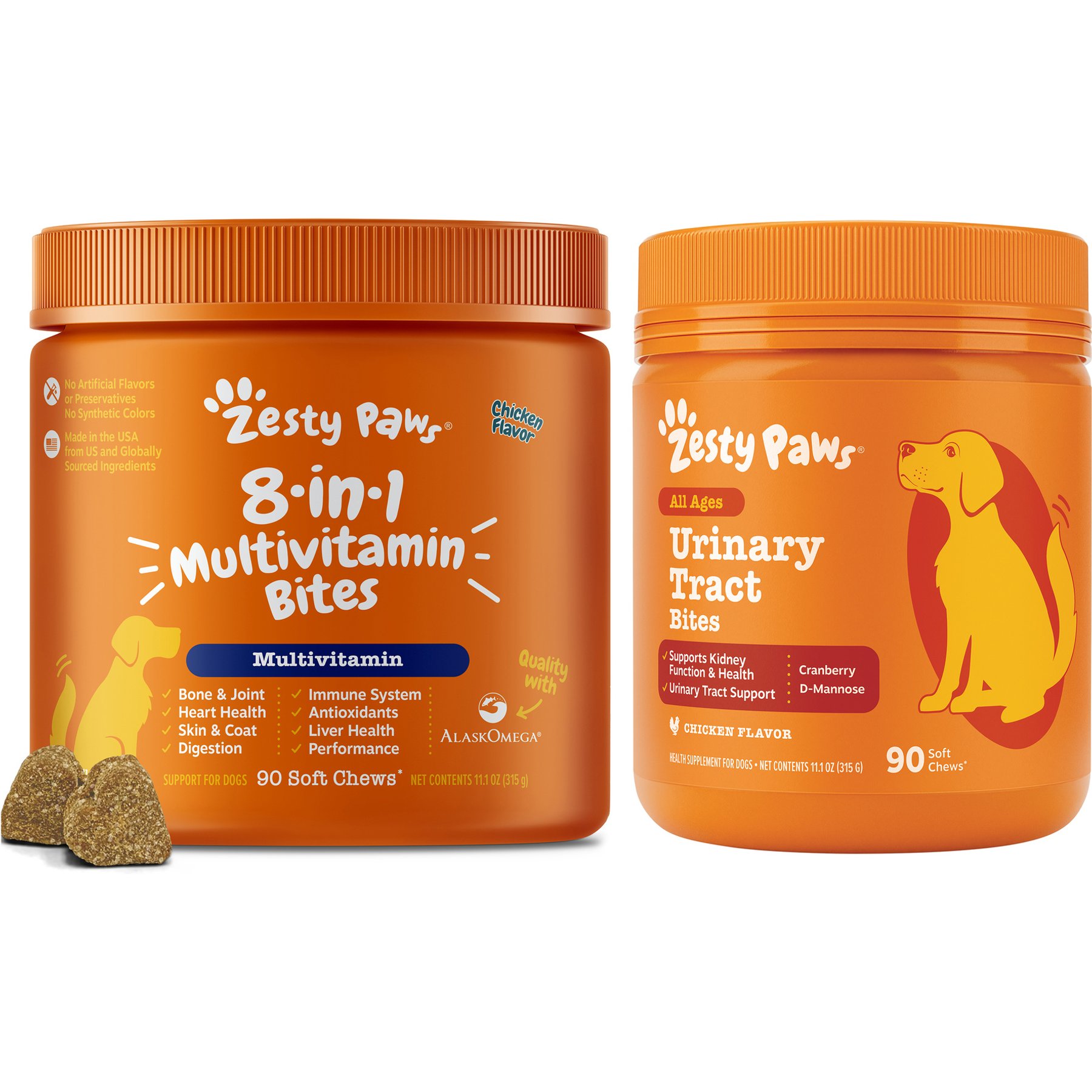 Zesty Paws 8-in-1 Multivitamin Bites + Cranberry Bladder Bites Urinary Tract Support Chicken Flavor Chews for Dogs
