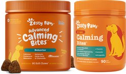 Zesty Paws All Ages, Calming Bites, Peanut Butter Flavored Soft Chews, Behavior Functional Dog Supplement, 90 count & Zesty Paws All Ages, Advanced Calming Bites with Melatonin, Turkey Flavored Soft Chews, Behavior Functional Dog Supplement, 90 count