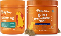 Zesty Paws All Ages, Calming Bites, Peanut Butter Flavored Soft Chews + 8-in-1 Multivitamin Bites Chicken Flavor Dog Supplement