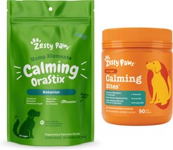 Zesty Paws All Ages, Calming Bites, Peanut Butter Flavored Soft Chews, Behavior Functional Dog Supplement, 90 count + Zesty Paws Calming Orastix Peppermint Flavor Dog Supplement, 12-oz bag