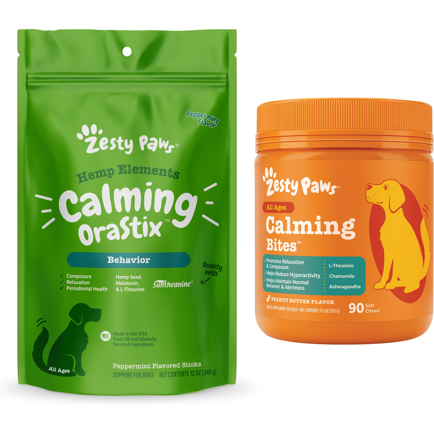 Zesty Paws All Ages, Calming Bites, Peanut Butter Flavored Soft Chews, Behavior Functional Dog Supplement, 90 count + Zesty Paws Calming Orastix Peppermint Flavor Dog Supplement, 12-oz bag