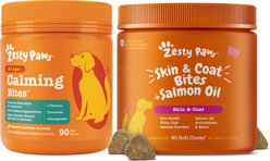 Zesty Paws Zesty Paws All Ages, Calming Bites, Peanut Butter Flavored Soft Chews, Behavior Functional Dog Supplement, 90 count & Zesty Paws Salmon Bites Skin & Coat Dog Supplement, 90 count
